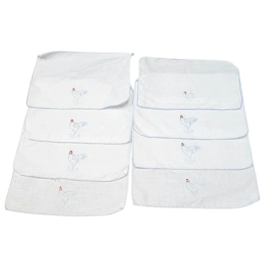 Vintage Country Set of 8 Embroidered Linen Cocktail Napkins‎ White Blue Chicken